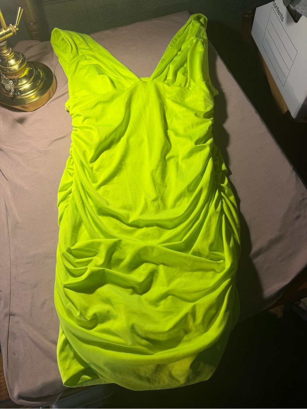 Neon Lime Ruched V-Neck Women’s Dress